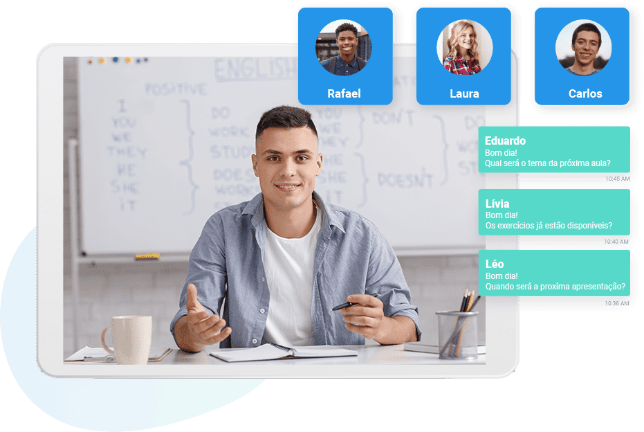 professor lecionando aula para três alunos à distância